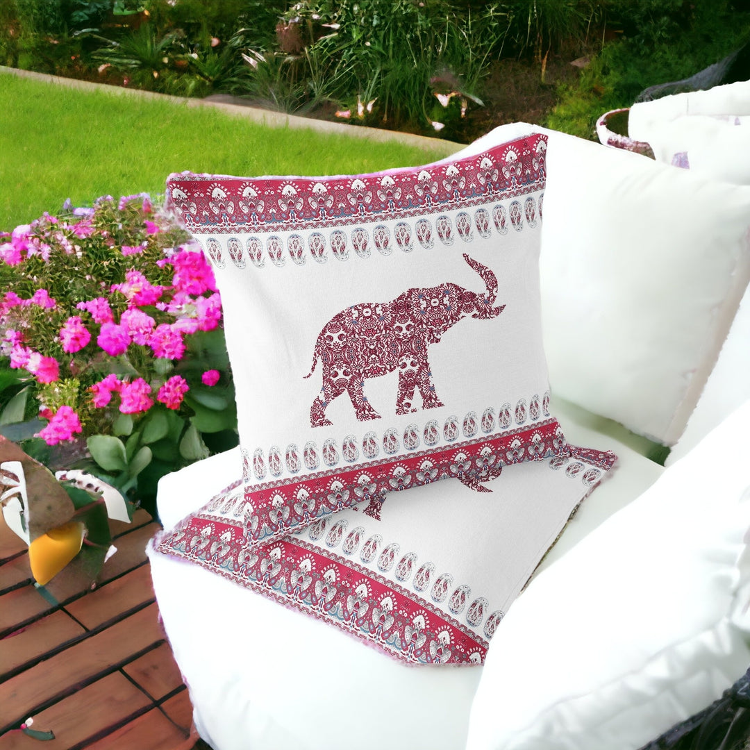 Set of Two 16" X 16" Red and White Elephant Blown Seam Paisley Indoor Outdoor Throw Pillow