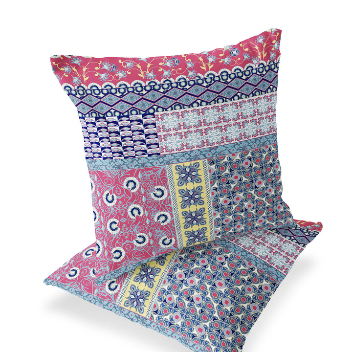 Set of Two 16" X 16" Blue and Pink Blown Seam Floral Indoor Outdoor Throw Pillow