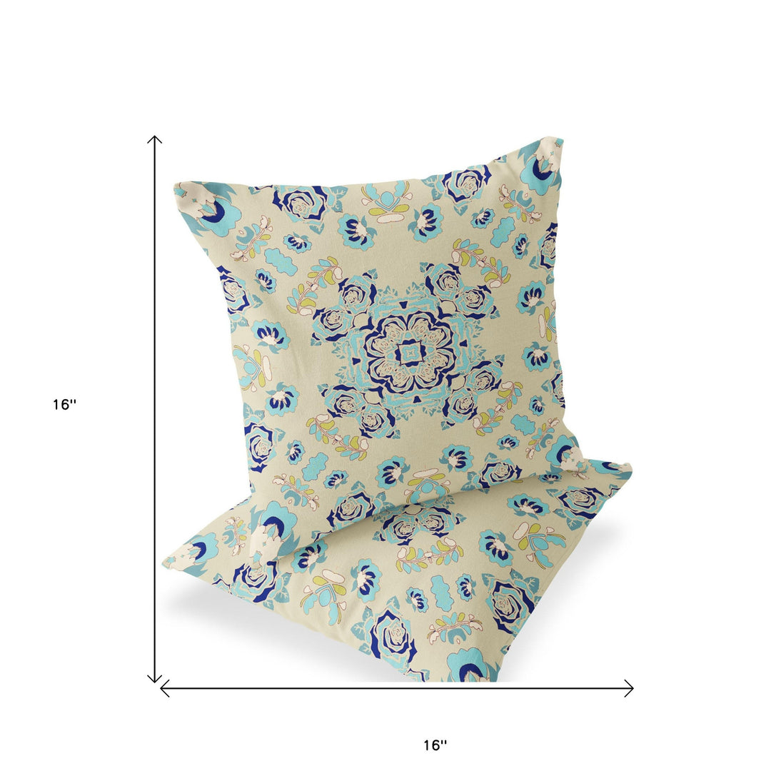 Set of Two 16" X 16" Blue and Off White Blown Seam Floral Indoor Outdoor Throw Pillow