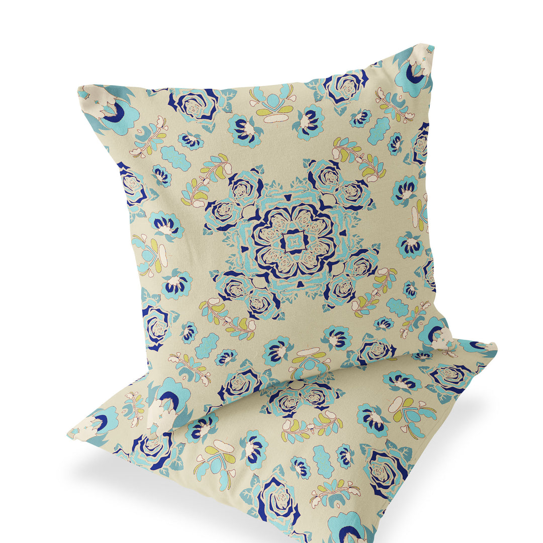 Set of Two 16" X 16" Blue and Off White Blown Seam Floral Indoor Outdoor Throw Pillow