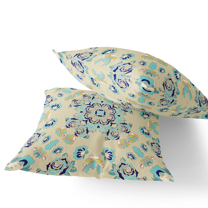 Set of Two 16" X 16" Blue and Off White Blown Seam Floral Indoor Outdoor Throw Pillow