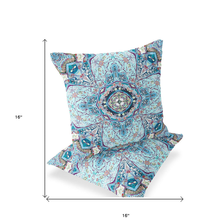 Set of Two 16" X 16" Blue and Pink Blown Seam Floral Indoor Outdoor Throw Pillow