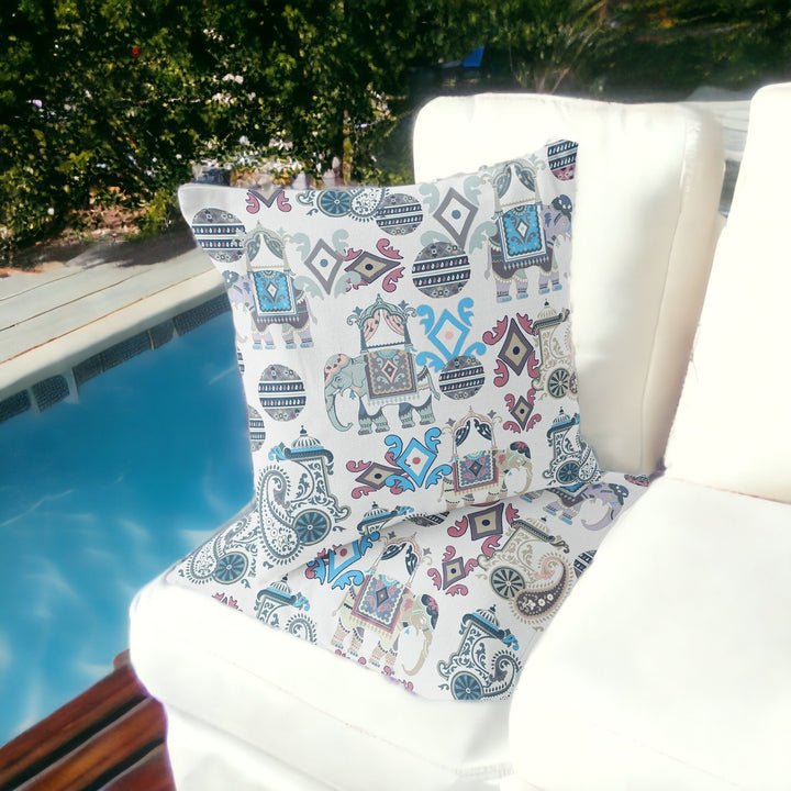 Set of Two 16" X 16" Beige and Blue Elephant Blown Seam Eclectic Indoor Outdoor Throw Pillow