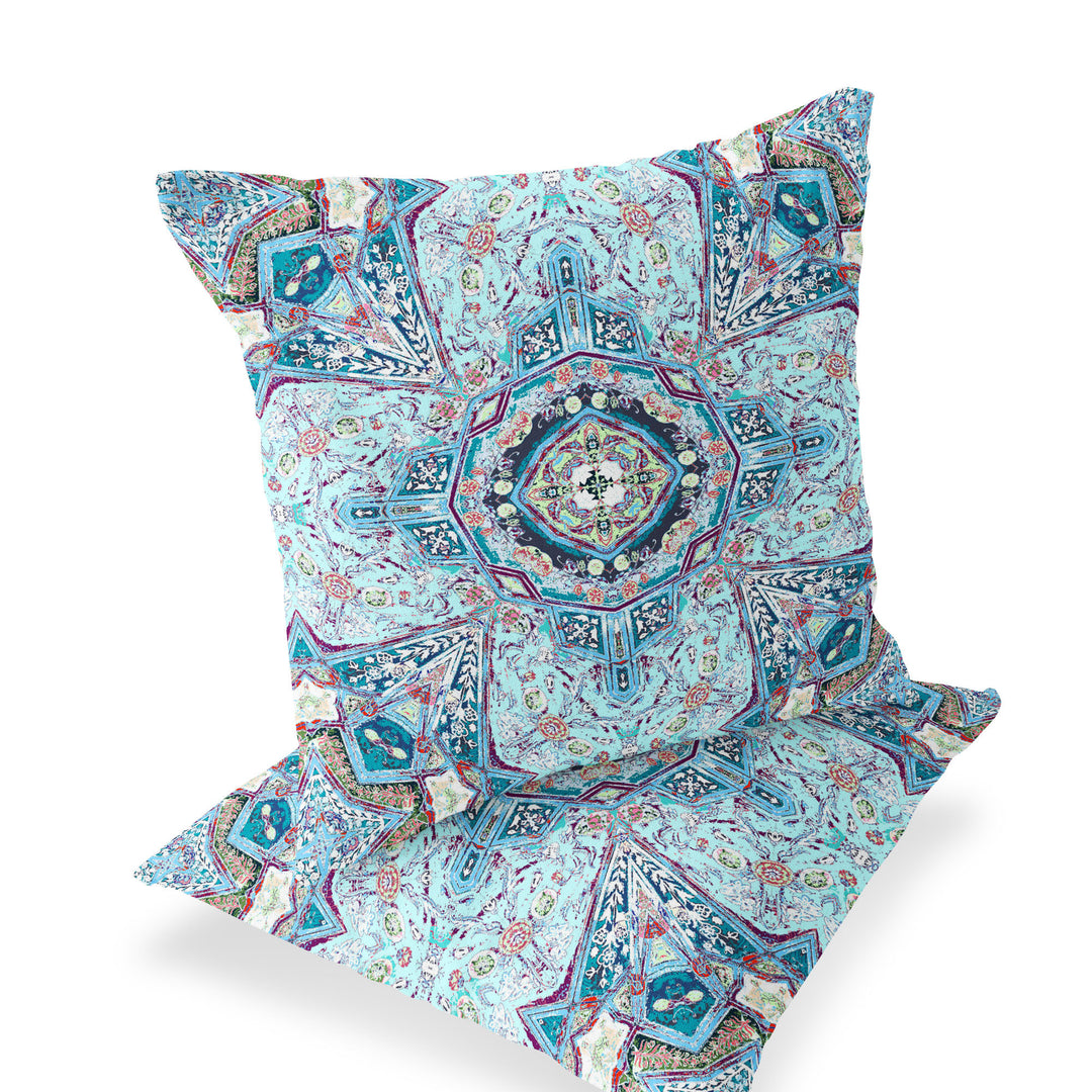 Set of Two 16" X 16" Blue and Pink Blown Seam Floral Indoor Outdoor Throw Pillow