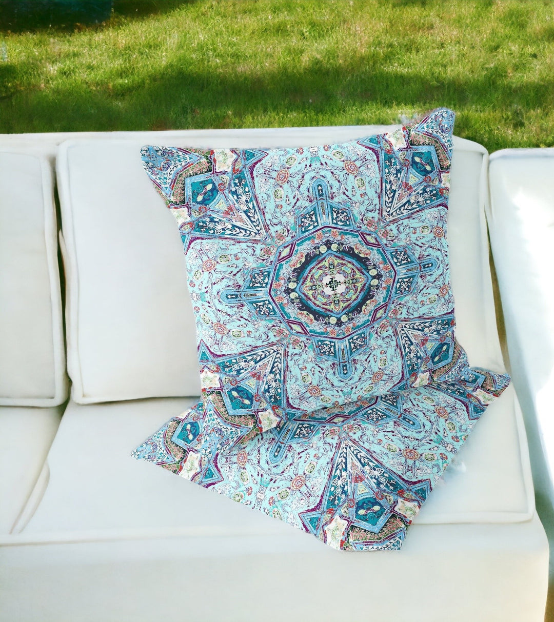 Set of Two 16" X 16" Blue and Pink Blown Seam Floral Indoor Outdoor Throw Pillow