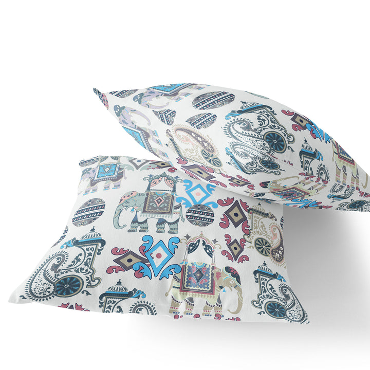 Set of Two 16" X 16" Beige and Blue Elephant Blown Seam Eclectic Indoor Outdoor Throw Pillow