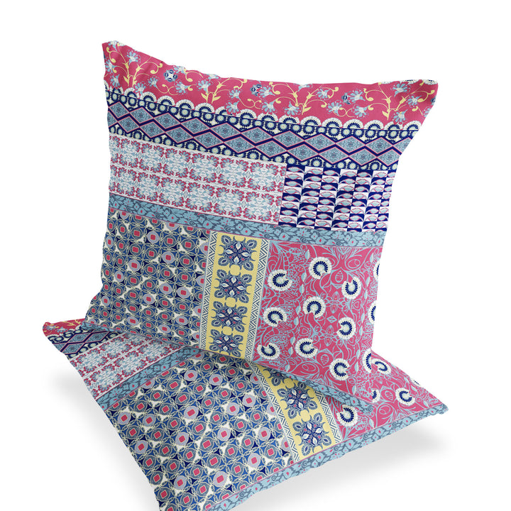 Set of Two 16" X 16" Blue and Pink Blown Seam Floral Indoor Outdoor Throw Pillow