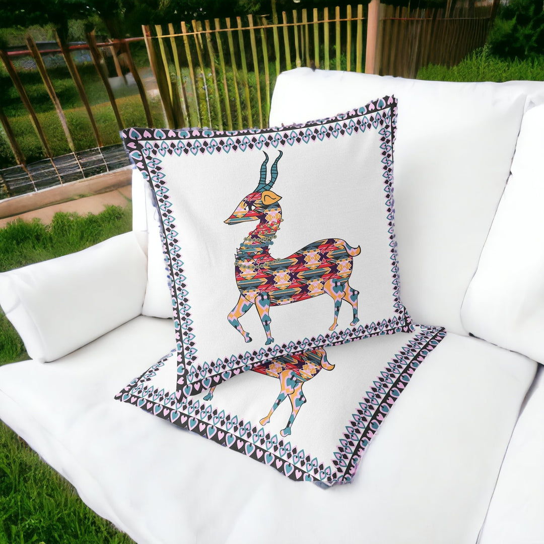 Set of Two 16" X 16" Red and White Deer Blown Seam Animal Print Indoor Outdoor Throw Pillow