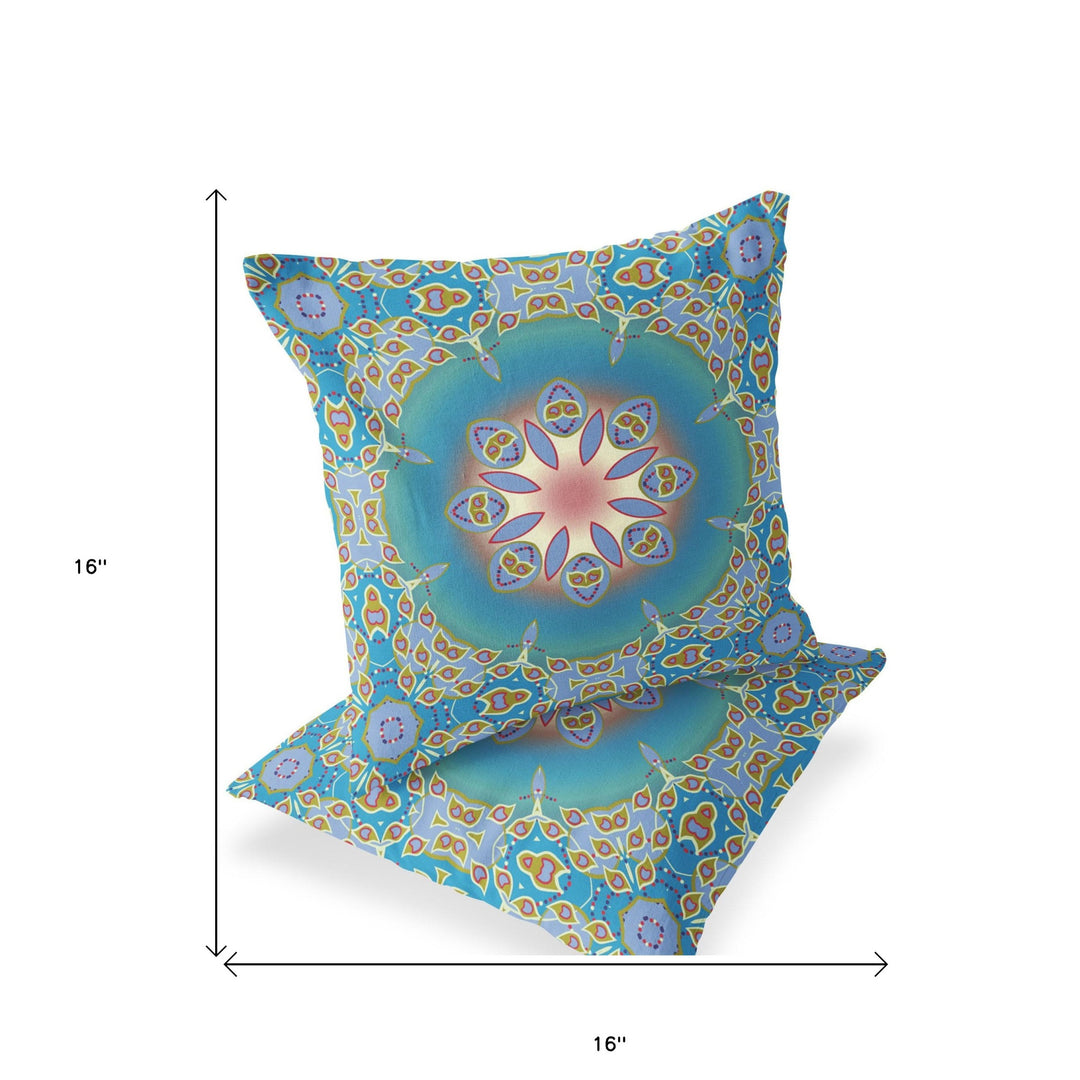 Set of Two 16" X 16" Blue and Green Blown Seam Eclectic Indoor Outdoor Throw Pillow