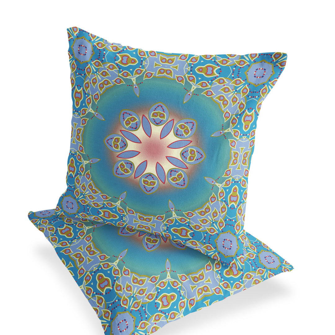 Set of Two 16" X 16" Blue and Green Blown Seam Eclectic Indoor Outdoor Throw Pillow