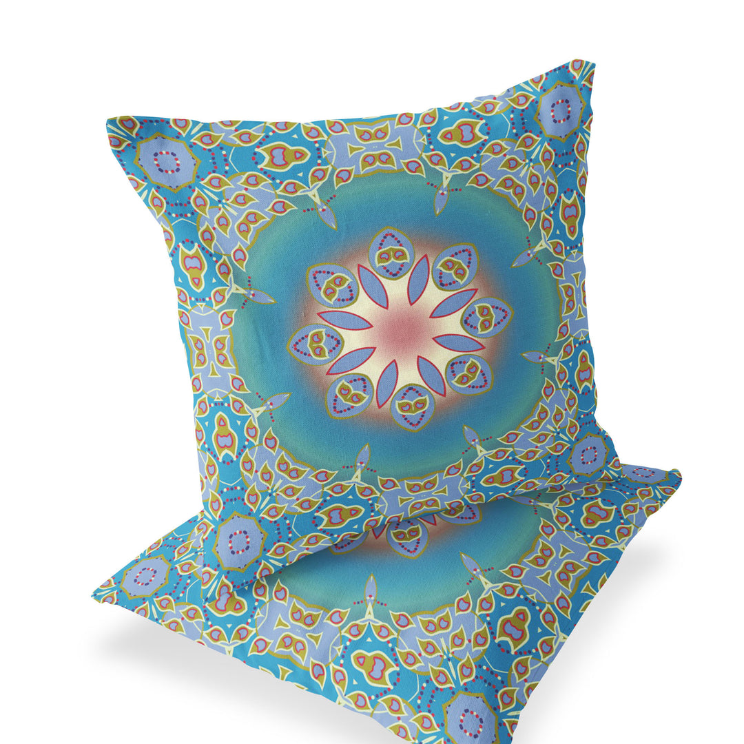 Set of Two 16" X 16" Blue and Green Blown Seam Eclectic Indoor Outdoor Throw Pillow