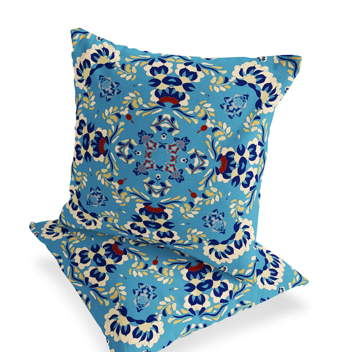 Set of Two 16" X 16" Blue and Yellow Blown Seam Eclectic Indoor Outdoor Throw Pillow