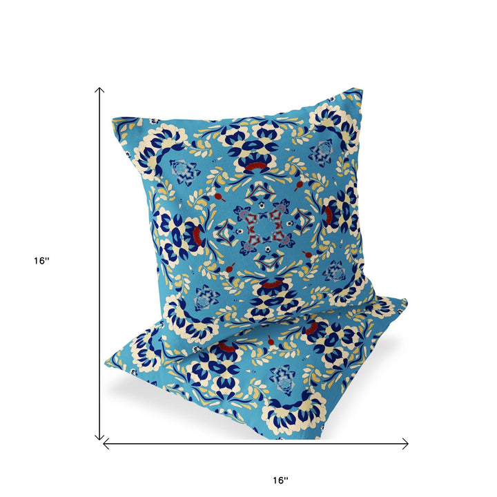 Set of Two 16" X 16" Blue and Yellow Blown Seam Eclectic Indoor Outdoor Throw Pillow