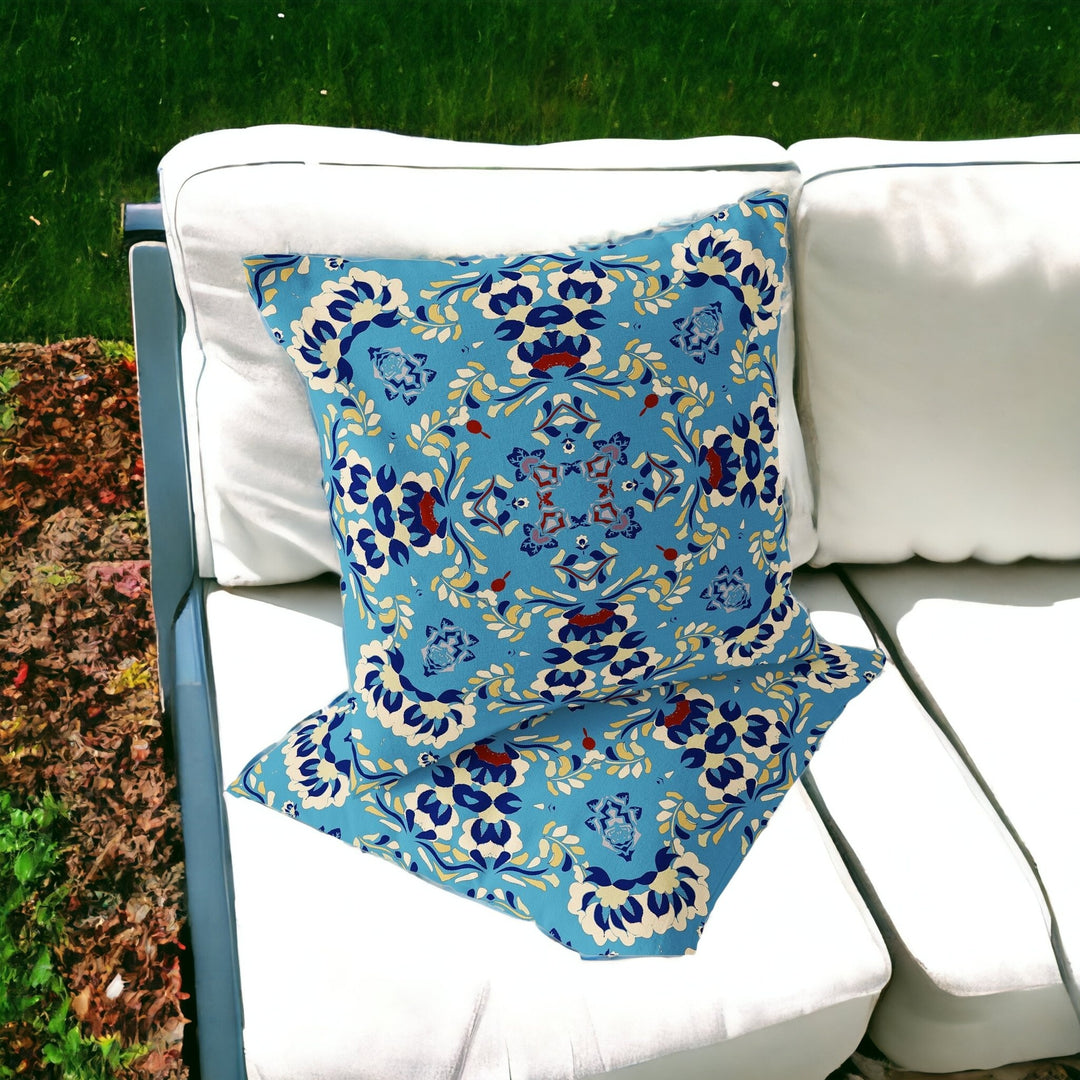 Set of Two 16" X 16" Blue and Yellow Blown Seam Eclectic Indoor Outdoor Throw Pillow