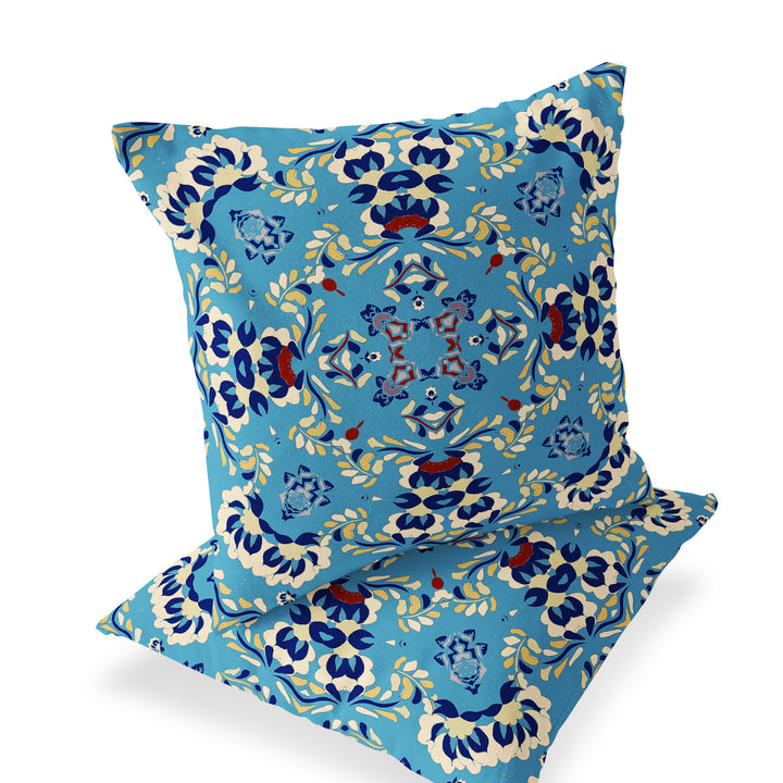 Set of Two 16" X 16" Blue and Yellow Blown Seam Eclectic Indoor Outdoor Throw Pillow