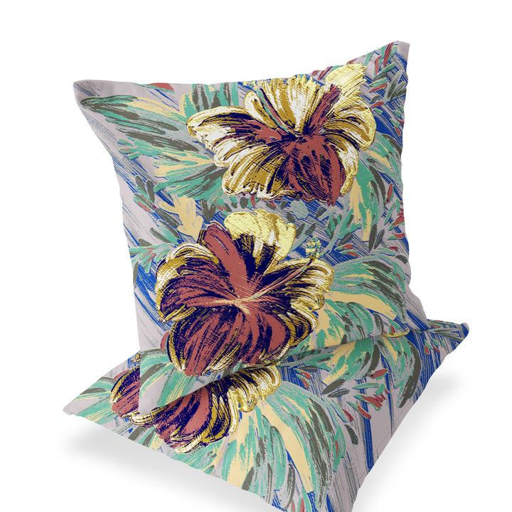 Set of Two 16" X 16" Green and Yellow Blown Seam Floral Indoor Outdoor Throw Pillow