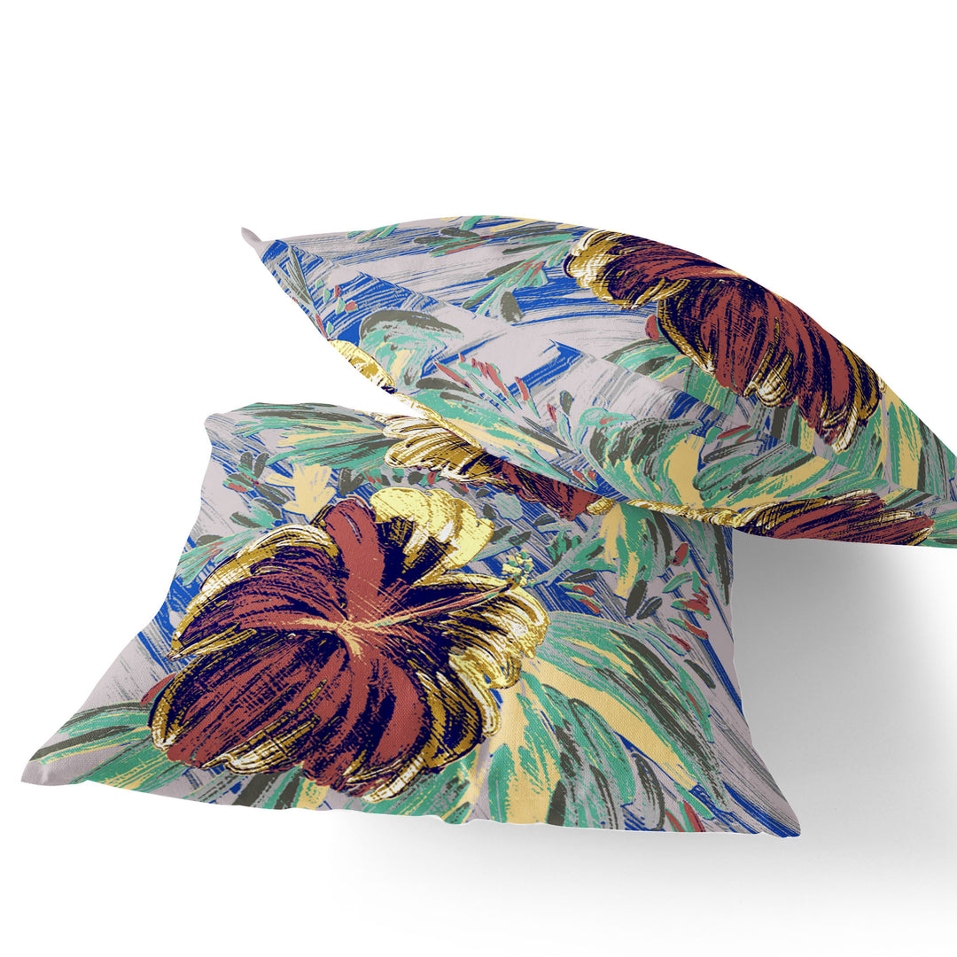 Set of Two 16" X 16" Green and Yellow Blown Seam Floral Indoor Outdoor Throw Pillow