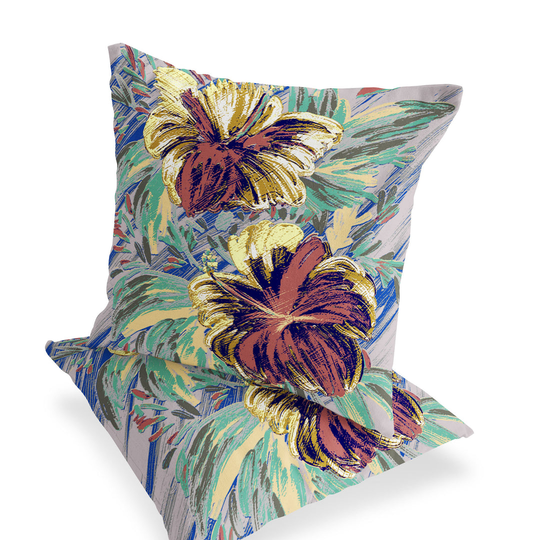 Set of Two 16" X 16" Green and Yellow Blown Seam Floral Indoor Outdoor Throw Pillow