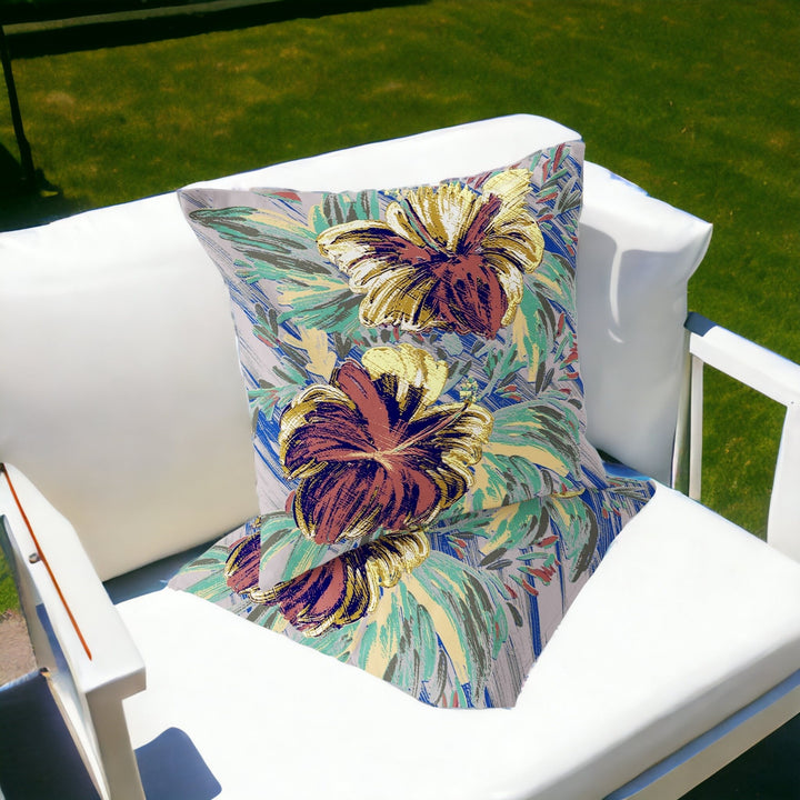 Set of Two 16" X 16" Green and Yellow Blown Seam Floral Indoor Outdoor Throw Pillow