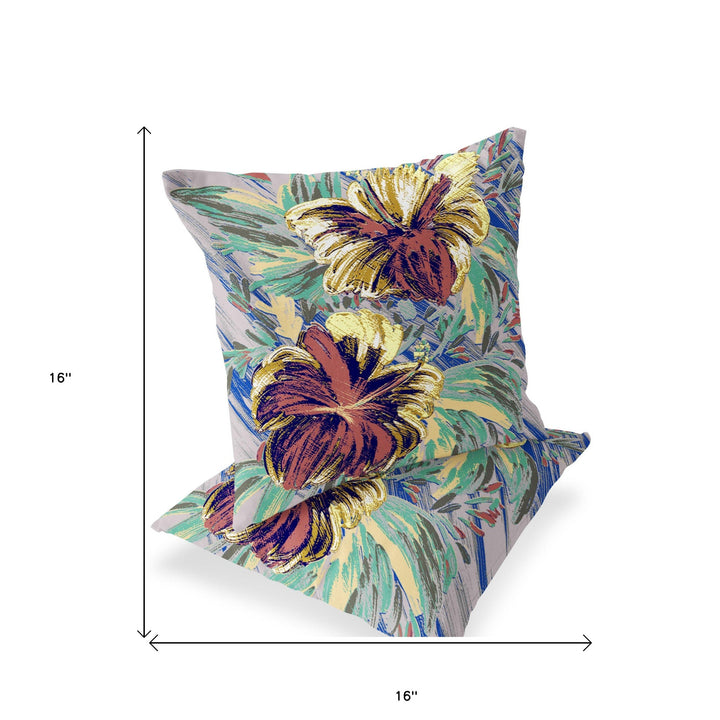 Set of Two 16" X 16" Green and Yellow Blown Seam Floral Indoor Outdoor Throw Pillow