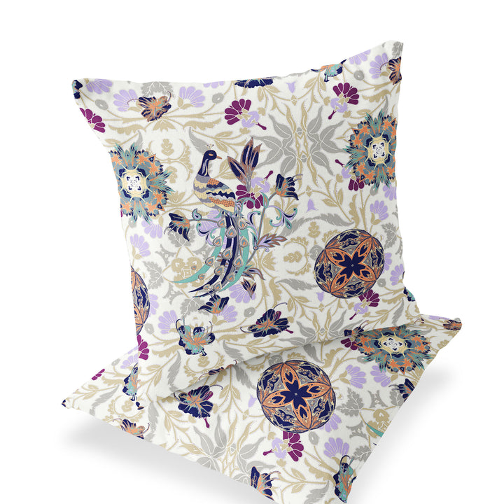 Set of Two 16" X 16" Purple and White Peacock Blown Seam Eclectic Indoor Outdoor Throw Pillow