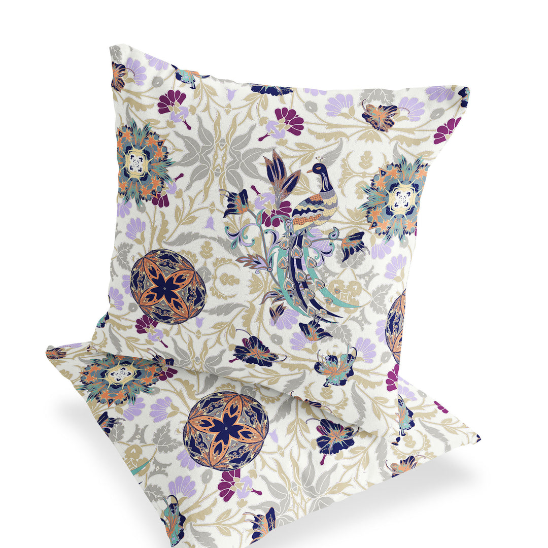 Set of Two 16" X 16" Purple and White Peacock Blown Seam Eclectic Indoor Outdoor Throw Pillow