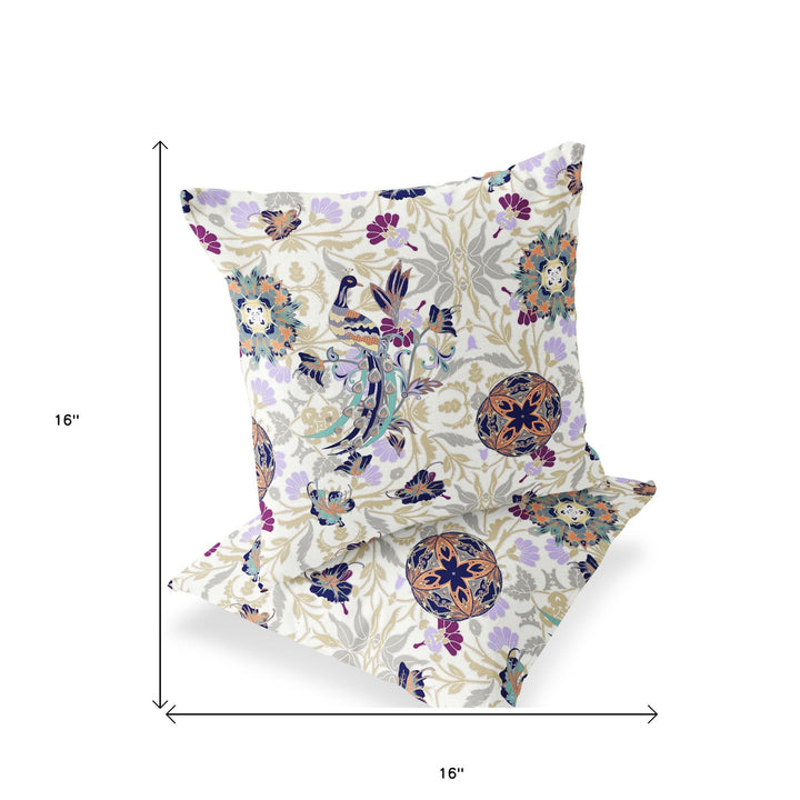 Set of Two 16" X 16" Purple and White Peacock Blown Seam Eclectic Indoor Outdoor Throw Pillow