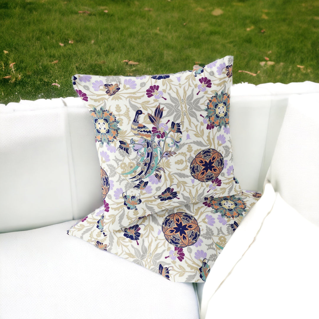 Set of Two 16" X 16" Purple and White Peacock Blown Seam Eclectic Indoor Outdoor Throw Pillow