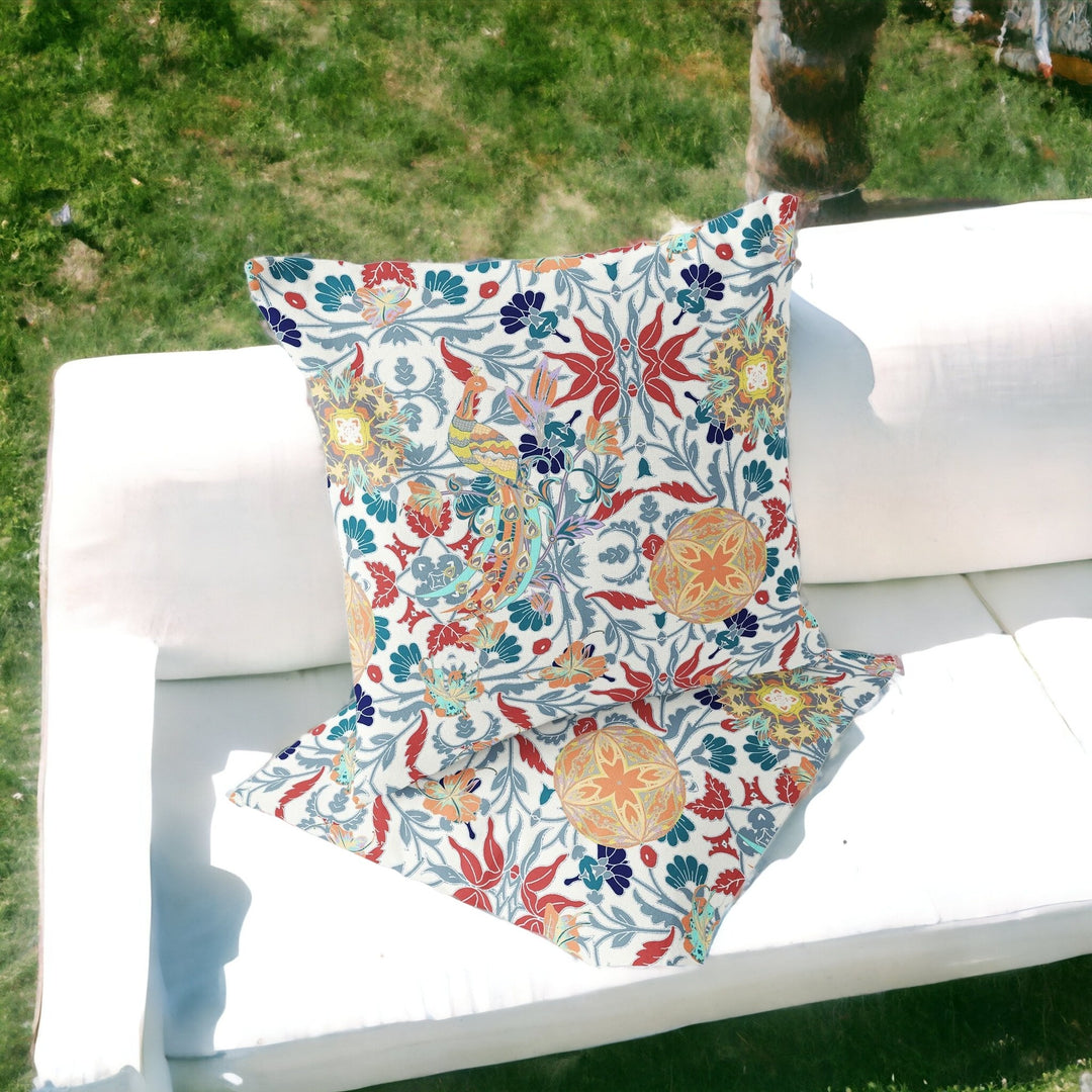 Set of Two 16" X 16" Red and White Peacock Blown Seam Eclectic Indoor Outdoor Throw Pillow