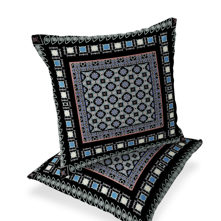 Set of Two 16" X 16" Black and Blue Blown Seam Floral Indoor Outdoor Throw Pillow