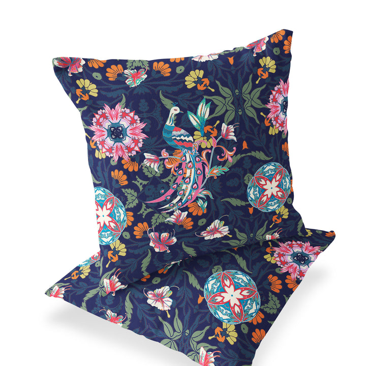 Set of Two 16" X 16" Blue and Pink Peacock Blown Seam Floral Indoor Outdoor Throw Pillow