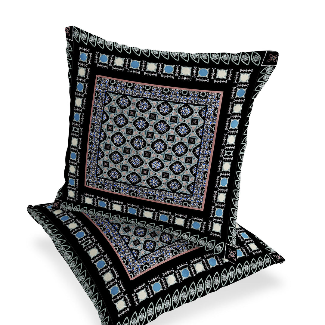 Set of Two 16" X 16" Black and Blue Blown Seam Floral Indoor Outdoor Throw Pillow