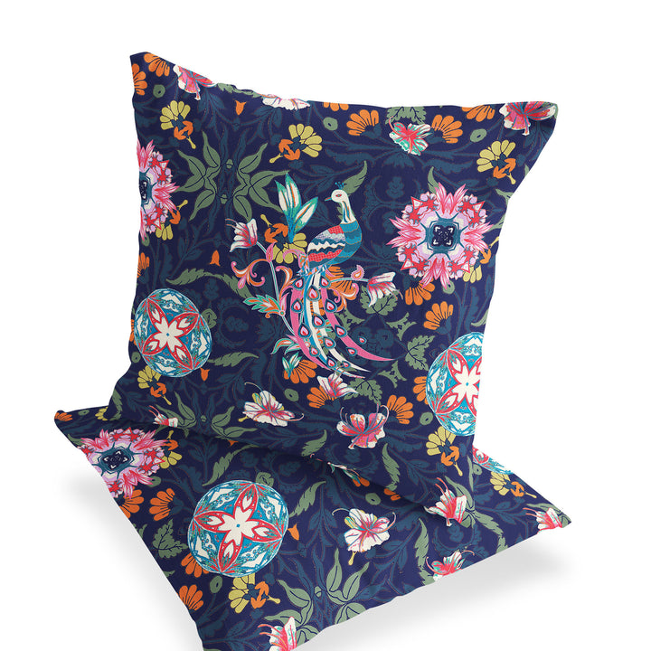 Set of Two 16" X 16" Blue and Pink Peacock Blown Seam Floral Indoor Outdoor Throw Pillow