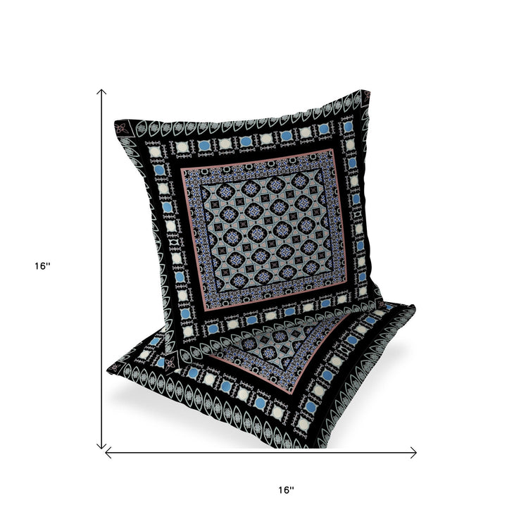 Set of Two 16" X 16" Black and Blue Blown Seam Floral Indoor Outdoor Throw Pillow