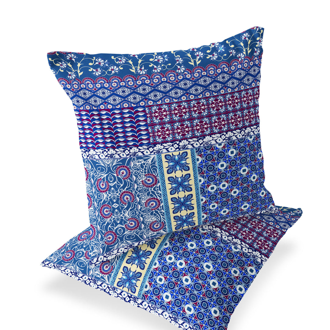 Set of Two 16" X 16" Blue and White Blown Seam Floral Indoor Outdoor Throw Pillow