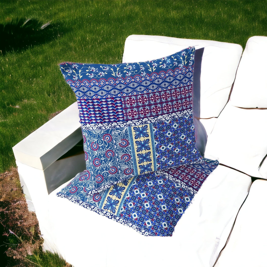 Set of Two 16" X 16" Blue and White Blown Seam Floral Indoor Outdoor Throw Pillow