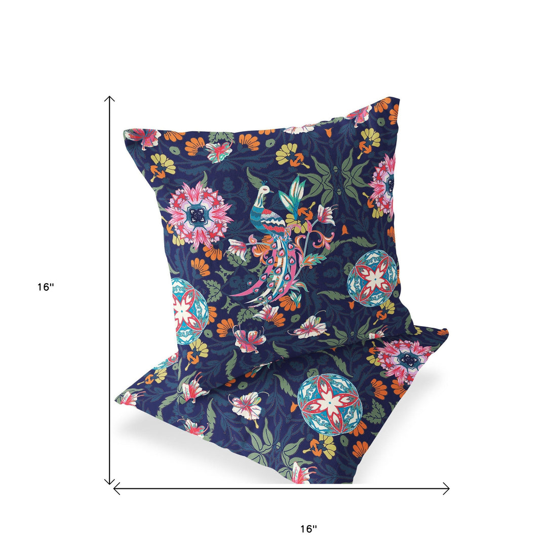 Set of Two 16" X 16" Blue and Pink Peacock Blown Seam Floral Indoor Outdoor Throw Pillow