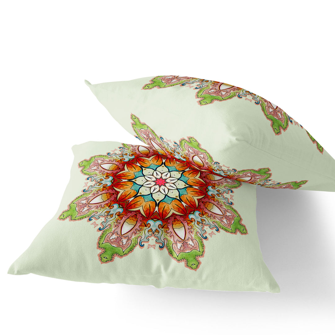 Set of Two 16" X 16" Green and Pink Blown Seam Floral Indoor Outdoor Throw Pillow