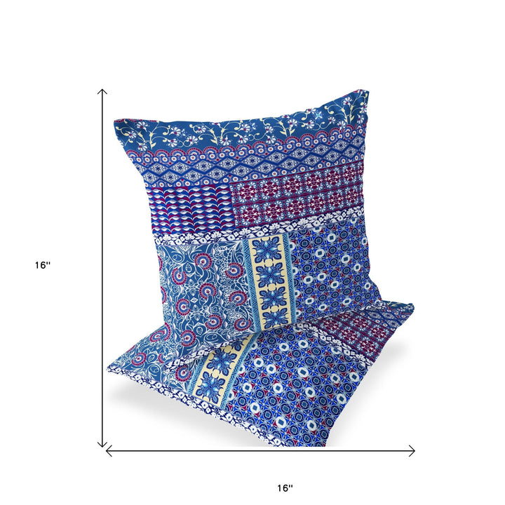 Set of Two 16" X 16" Blue and White Blown Seam Floral Indoor Outdoor Throw Pillow