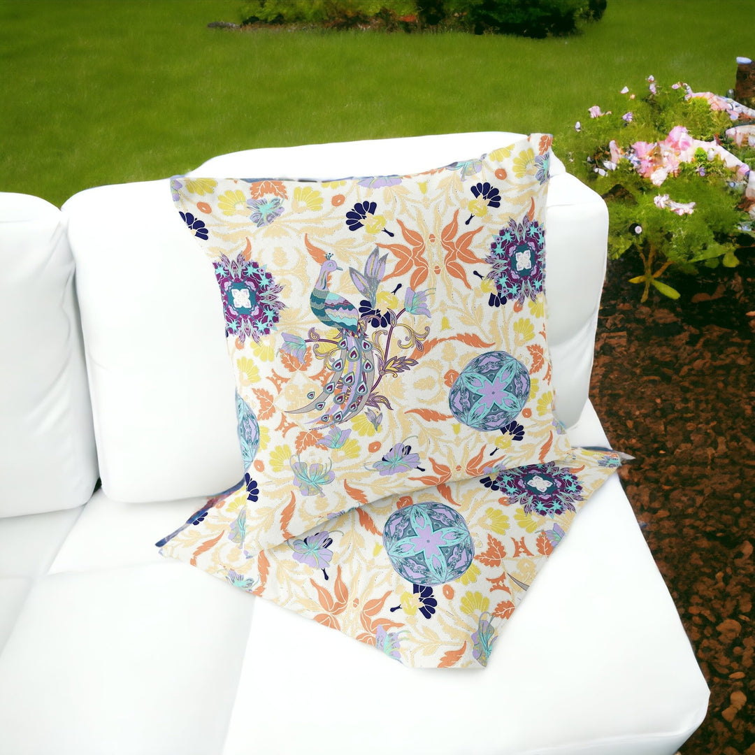 Set of Two 16" X 16" Orange and White Peacock Blown Seam Eclectic Indoor Outdoor Throw Pillow