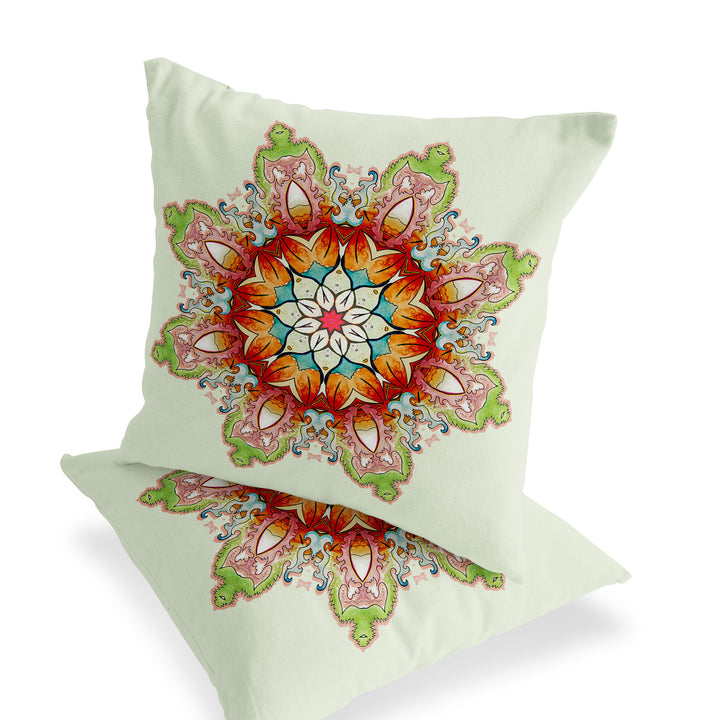 Set of Two 16" X 16" Green and Pink Blown Seam Floral Indoor Outdoor Throw Pillow