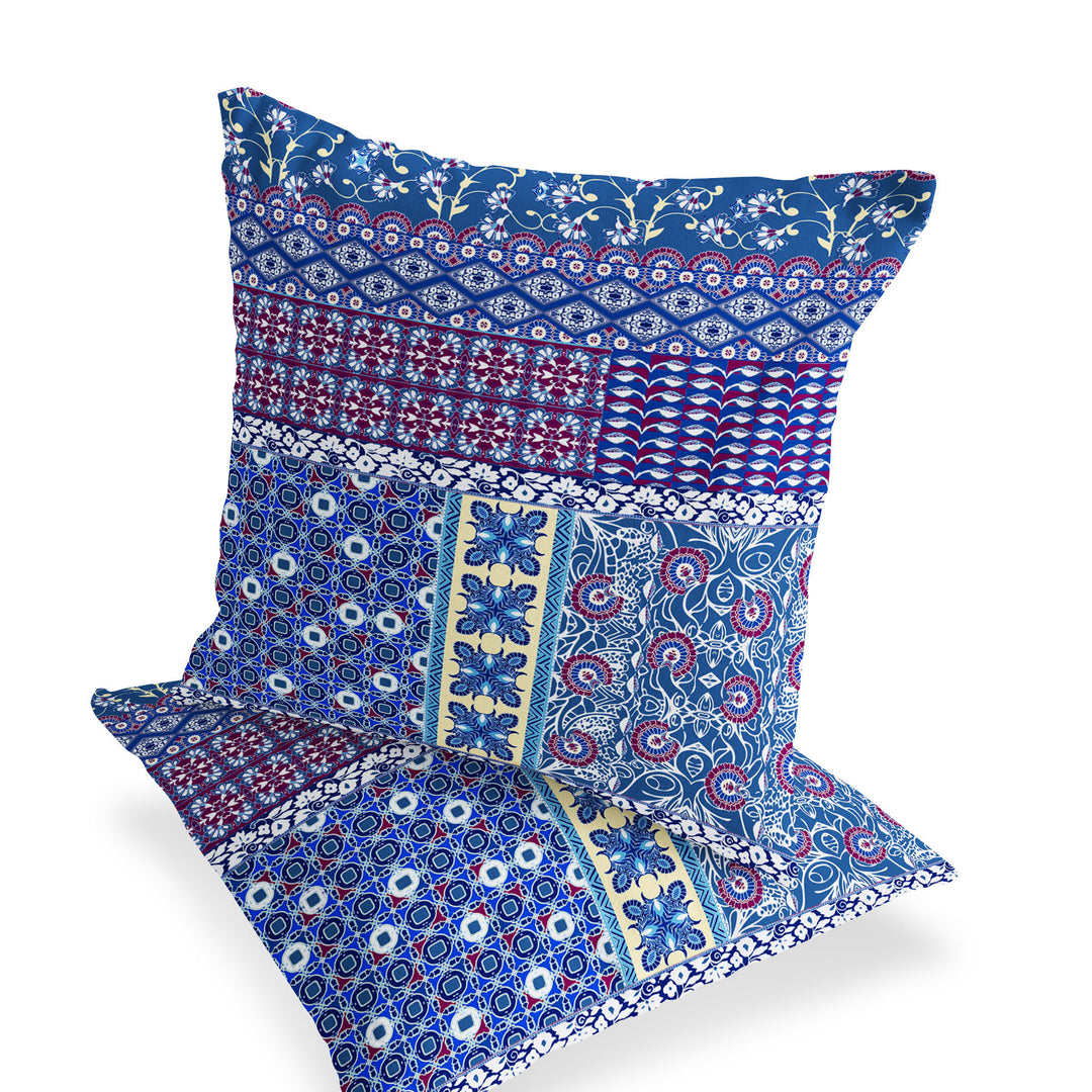 Set of Two 16" X 16" Blue and White Blown Seam Floral Indoor Outdoor Throw Pillow