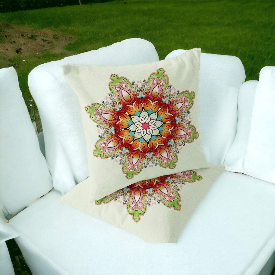 Set of Two 16" X 16" Green and Pink Blown Seam Floral Indoor Outdoor Throw Pillow