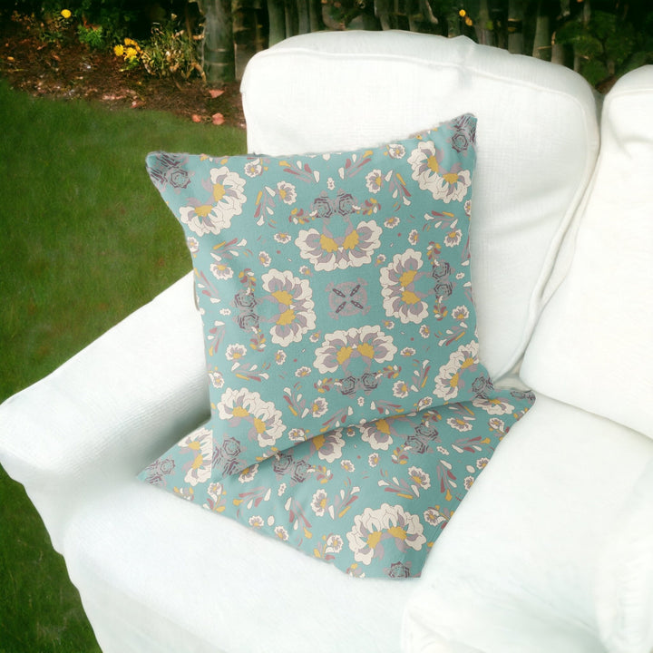 Set of Two 16" X 16" Green and White Blown Seam Floral Indoor Outdoor Throw Pillow