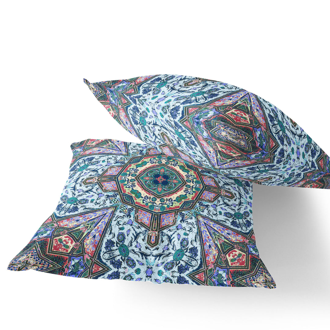 Set of Two 16" X 16" Blue and Pink Blown Seam Floral Indoor Outdoor Throw Pillow