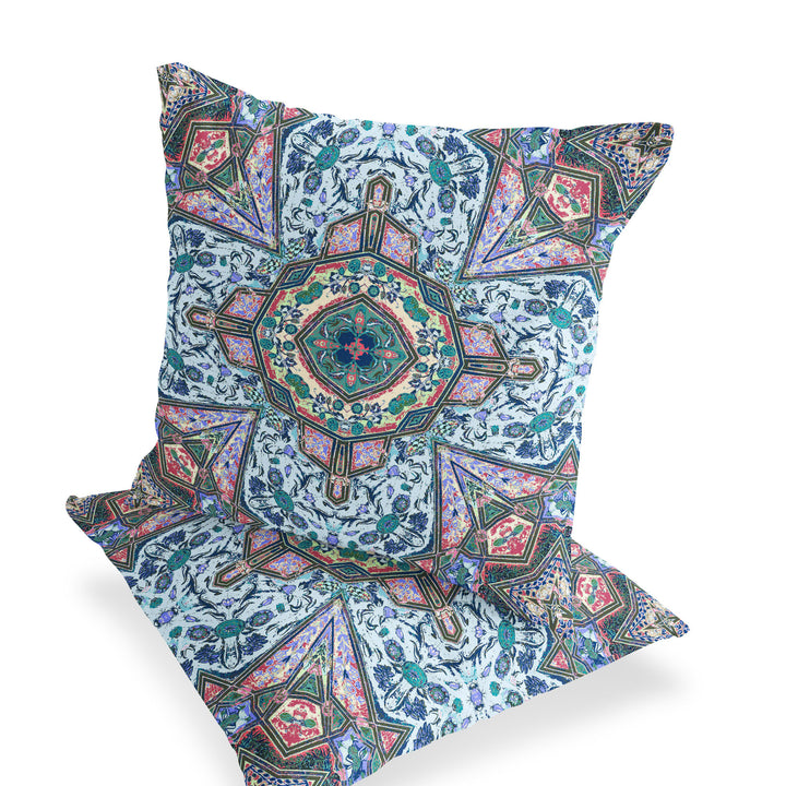 Set of Two 16" X 16" Blue and Pink Blown Seam Floral Indoor Outdoor Throw Pillow