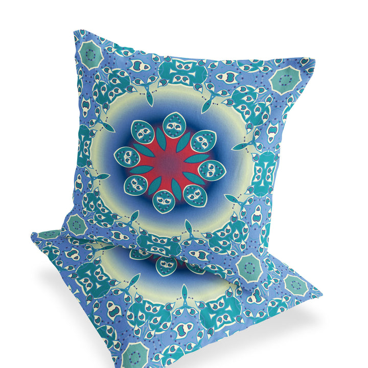 Set of Two 16" X 16" Blue and Green Blown Seam Floral Indoor Outdoor Throw Pillow