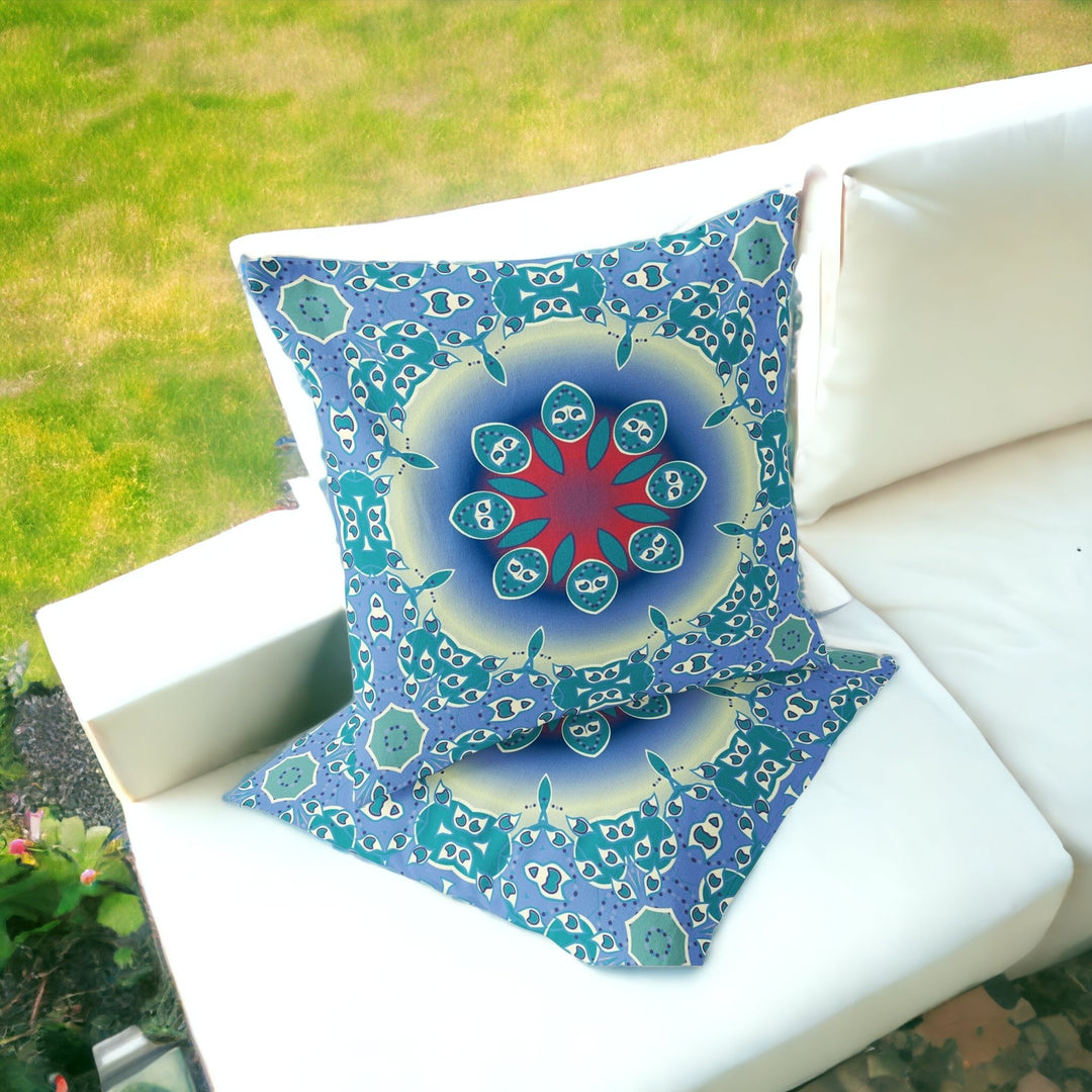 Set of Two 16" X 16" Blue and Green Blown Seam Floral Indoor Outdoor Throw Pillow