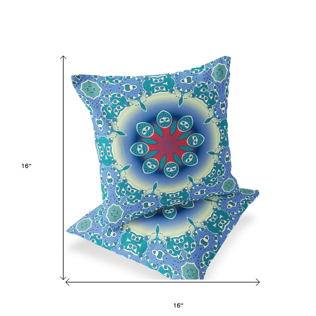 Set of Two 16" X 16" Blue and Green Blown Seam Floral Indoor Outdoor Throw Pillow