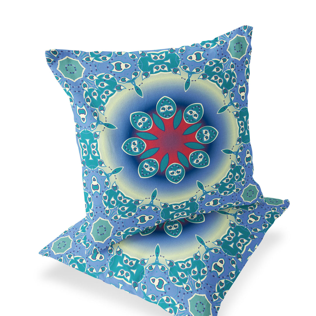 Set of Two 16" X 16" Blue and Green Blown Seam Floral Indoor Outdoor Throw Pillow